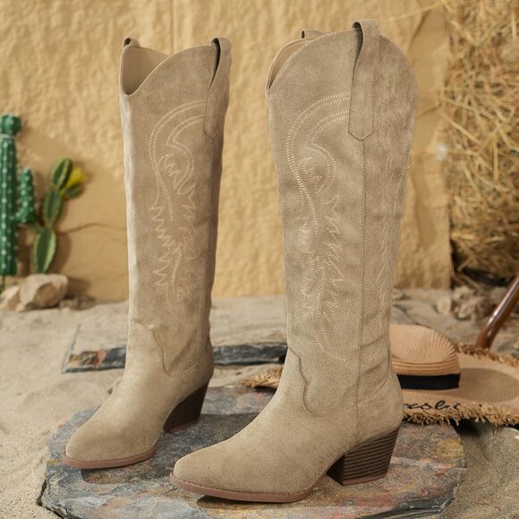 ⚡Women's Beige Embroidered Cowgirl Boots Knee High Pointed Toe Chunky Heel - Picture 6 of 7